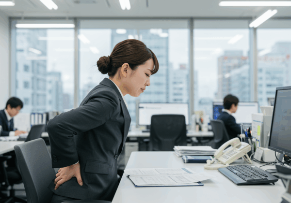 腰が痛いのを我慢してデスクワークする女性
