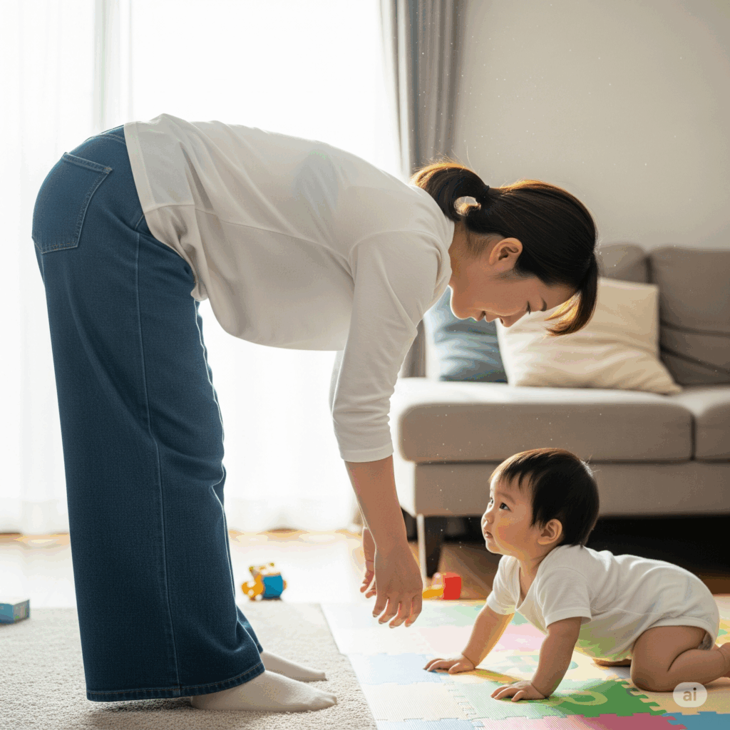 子育て中に赤ちゃんの世話をするため前かがみの姿勢で背中が丸まり、産後の肩こりや首こりの原因となる悪い姿勢をしている育児中の母親と床で遊ぶ赤ち